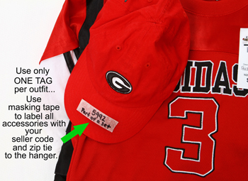Use only ONE TAG per outfit. Use masking tape to label all accessories with your seller code and zip tie to the hanger.
