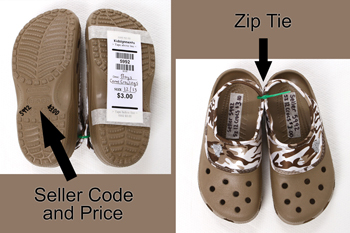 Shoes: Seller code and price on bottom of shoes.  Zip tie together.